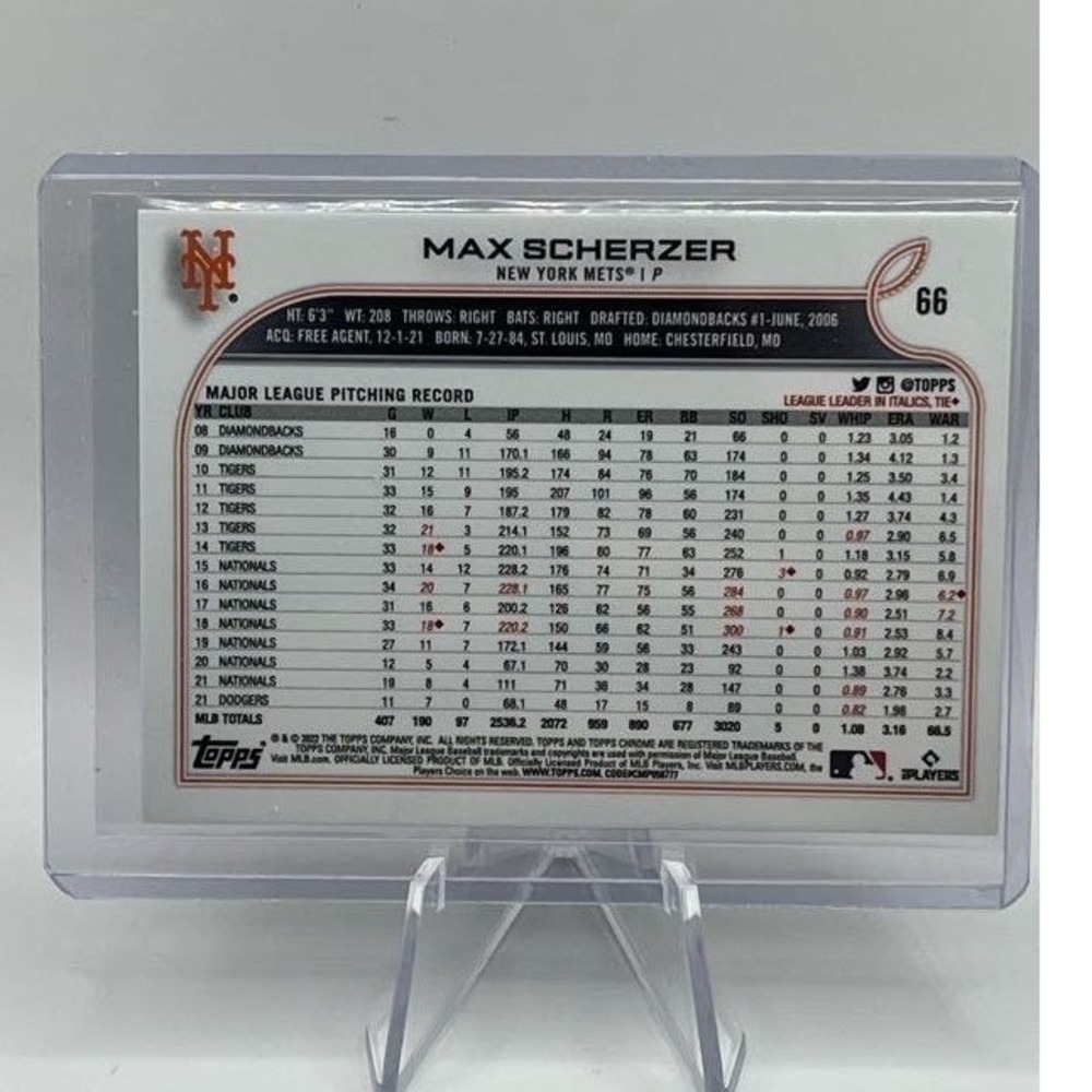 Max Scherzer Black Border 2022 Topps Chrome Ben Baller 66 MLB New York Mets - Picture 2 of 2